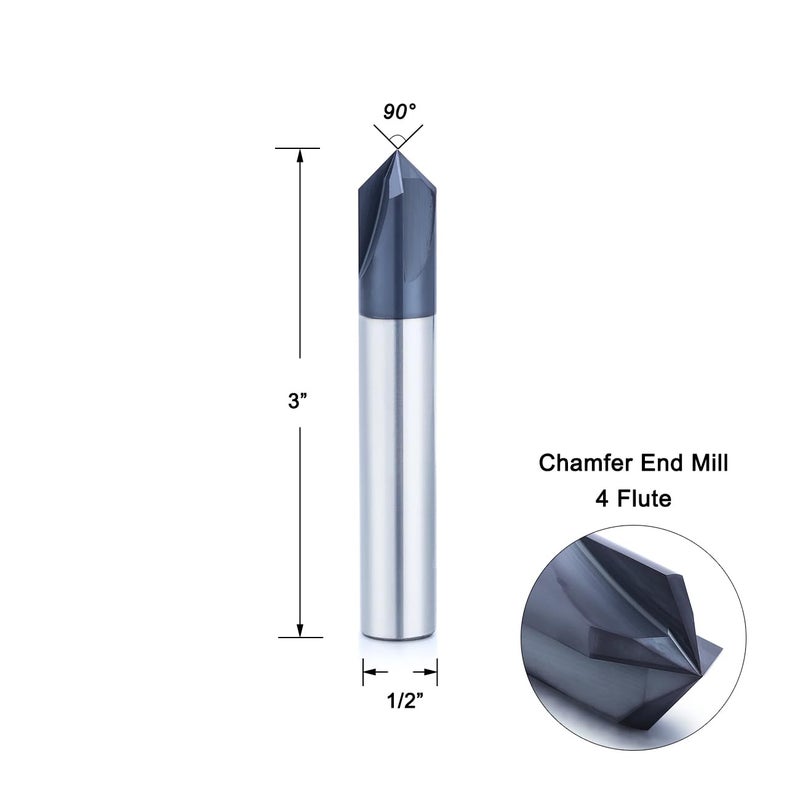 JIANXING 1/2” Carbide Chamfer End Mill, 90 Degree, Carving Bits, V Groove, 4 Flute AlTiN Coating for Alloy Steels, Hardened Steels - Image 2
